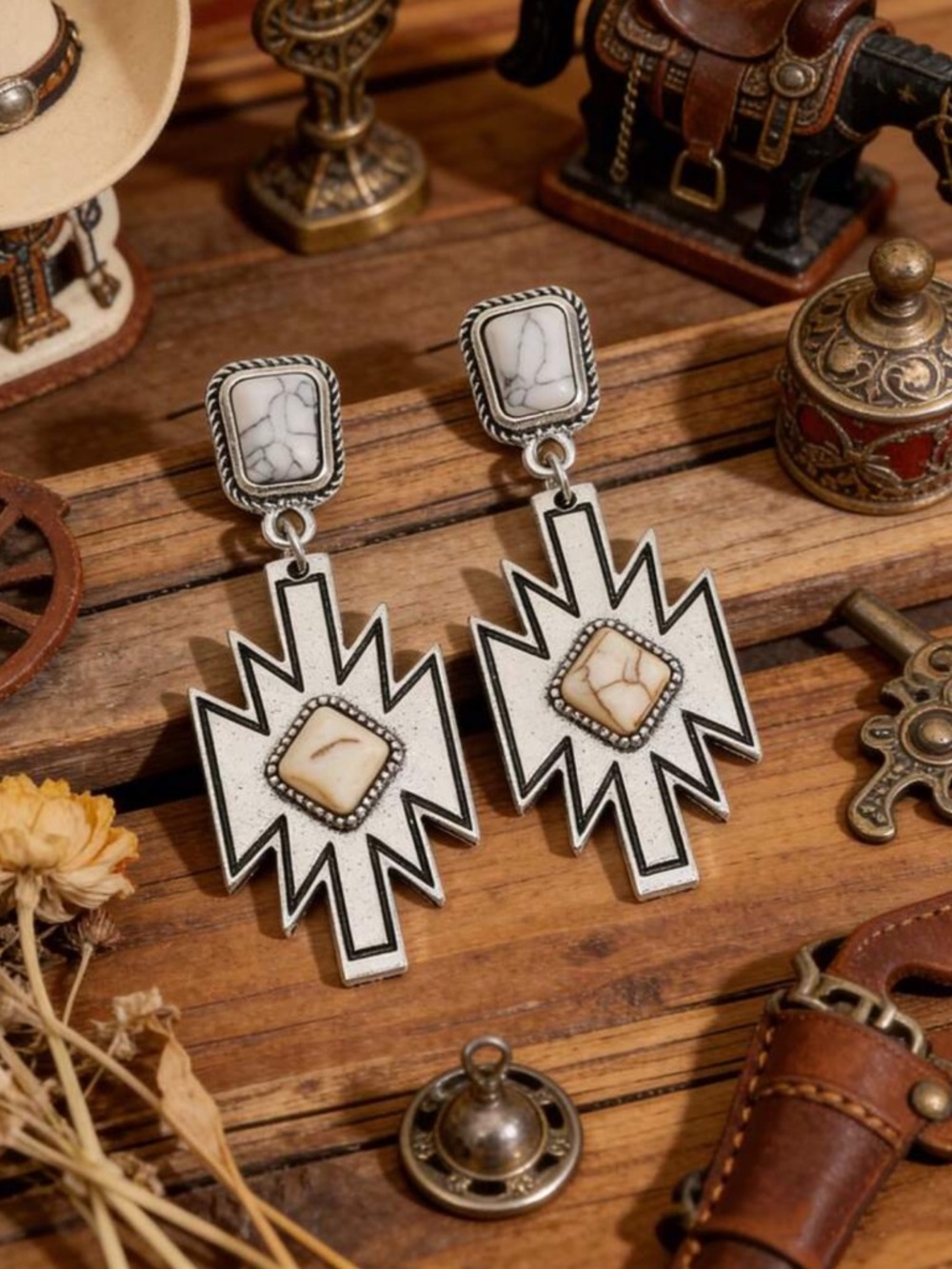 Southwestern White Stone Geometric Drop‎ Earrings